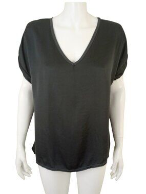 Sofia TESSA Black Italian Satin Top OS V-Neck Short Sleeve